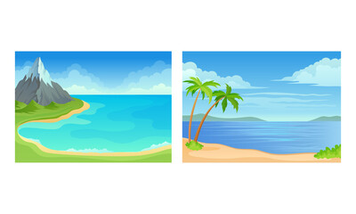 Fototapeta na wymiar Landscape Panorama View with Sea Shore and Palm Tree Vector Set