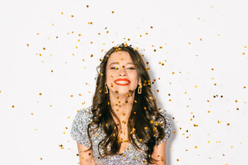 Holiday celebration. Excited woman. Festive decor. Happy beautiful laughing lady enjoying party...