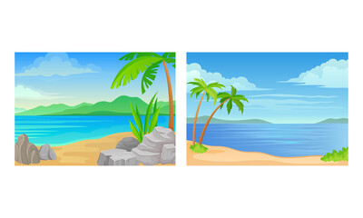 Landscape Panorama View with Sea Shore and Palm Tree Vector Set
