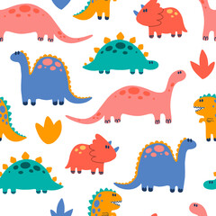 Dino pattern. Seamless pattern with various cartoon dinosaurs. Cute dinosaur illustration. Hand drawn bright colored trendy Vector illustration. Funny characters. Cartoon style.