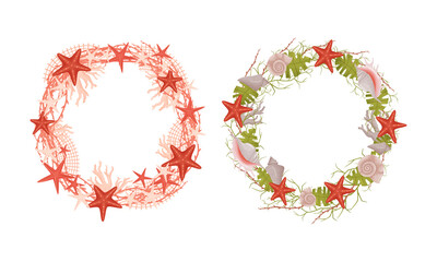 Decorative Sea Wreath Arranged of Shells and Conch from Ocean Bottom Vector Set