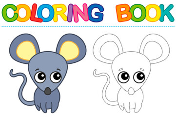 Coloring page funny grey home mouse. Educational tracing coloring book for childrens activity