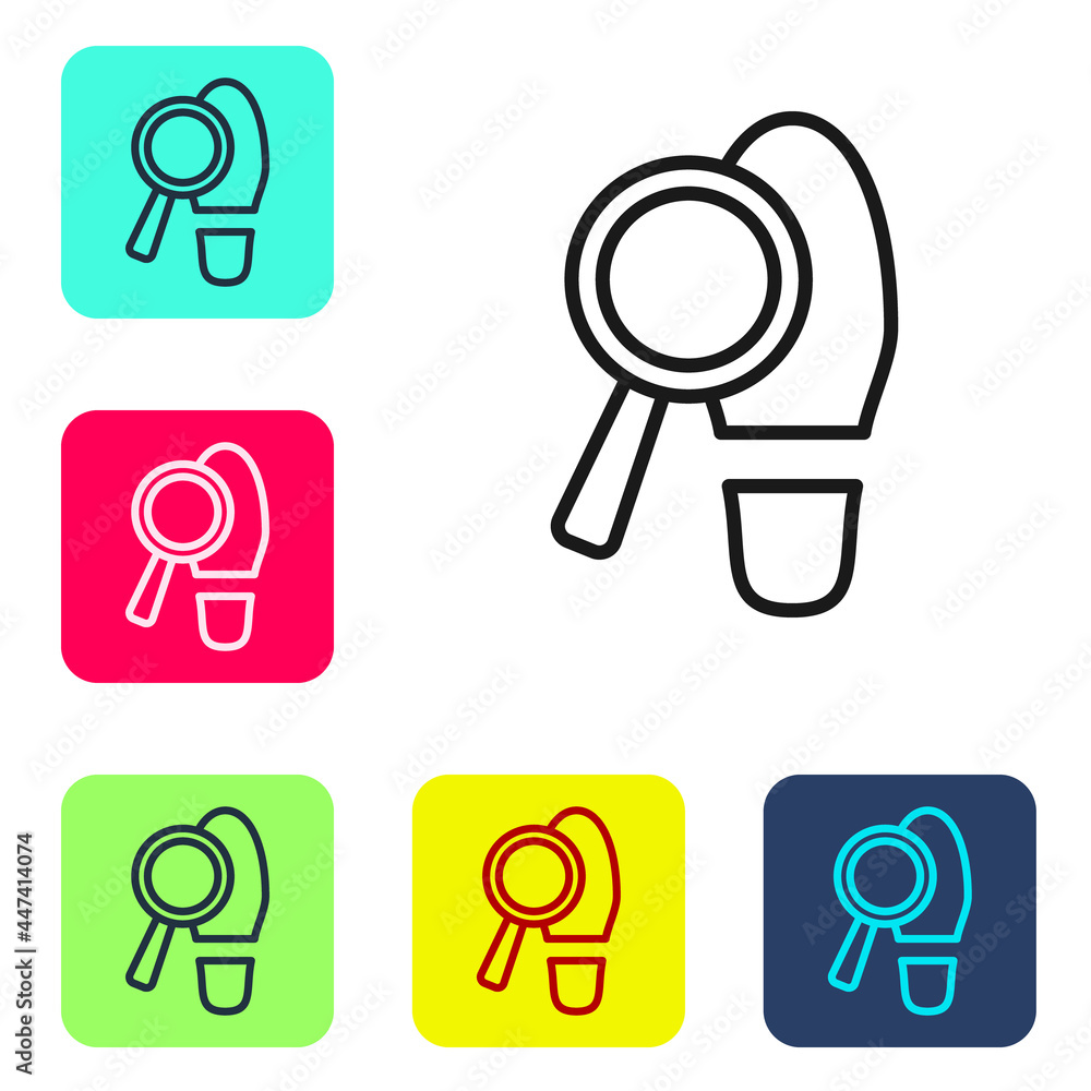 Poster black line magnifying glass with footsteps icon isolated on white background. detective is investiga