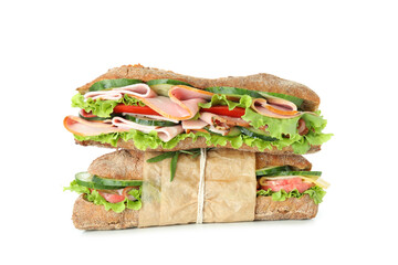 Tasty ciabatta sandwiches isolated on white background