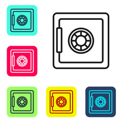 Black line Safe icon isolated on white background. The door safe a bank vault with a combination lock. Reliable Data Protection. Set icons in color square buttons. Vector