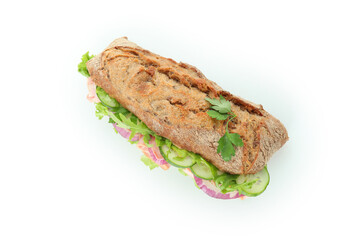 Tasty ciabatta sandwich isolated on white background