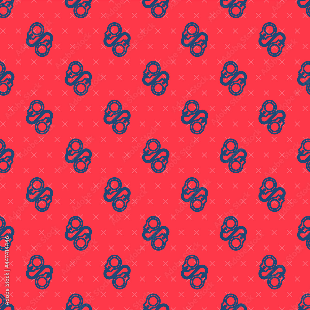 Poster blue line handcuffs icon isolated seamless pattern on red background. vector