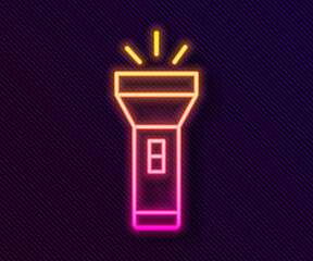 Glowing neon line Flashlight icon isolated on black background. Vector