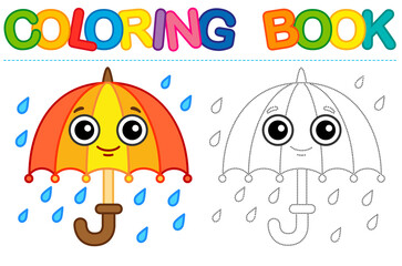 Coloring page funny smiling umbrella and rain. Educational tracing coloring book for childrens activity