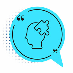 Black line Solution to the problem in psychology icon isolated on white background. Puzzle. Therapy for mental health. Blue speech bubble symbol. Vector