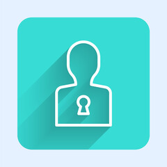 White line Solution to the problem in psychology icon isolated with long shadow background. Key. Therapy for mental health. Green square button. Vector