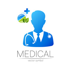 Doctor and tablet pill, leaf vector logotype in blue, green color. Silhouette medical man. Logo for clinic, hospital, health, medicine, business. Concept on white. Template for web, identity style
