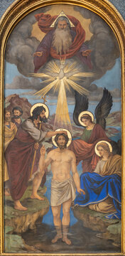 VIENNA, AUSTIRA - JULI 5, 2021: The fresco of Baptism of Christ in orthodox Barbarakirche church by Svjatoslav Hordynskyj (1983–1985).