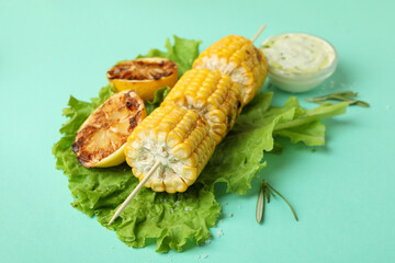 Concept of tasty food with grilled corn