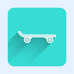 White line Skateboard icon isolated with long shadow background. Extreme sport. Sport equipment. Green square button. Vector