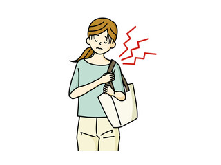 鞄を持って片方の肩に負担がかかっている女性