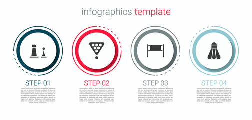 Set Chess, Billiard balls in rack triangle, Volleyball net and Badminton shuttlecock. Business infographic template. Vector