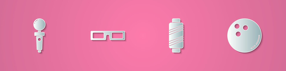 Set paper cut Joystick for arcade machine, Cinema glasses, Sewing thread on spool and Bowling ball icon. Paper art style. Vector