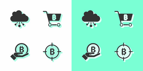 Set Bitcoin in the target, Cryptocurrency cloud mining, Hand holding and Shopping cart with bitcoin icon. Vector