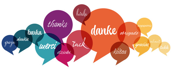 speech bubbles with text thanks in different languages