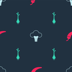 Set Hot chili pepper pod, Broccoli and Fresh green onions on seamless pattern. Vector