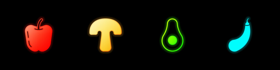 Set Apple, Mushroom, Avocado fruit and Eggplant icon. Vector