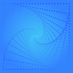 Dotted Square Spiral in Azure on blue gradient background. Pop art style. Trendy abstract halftone composition can be used for landing pages, posters, brochures, flyers, banners, prints, promotions.