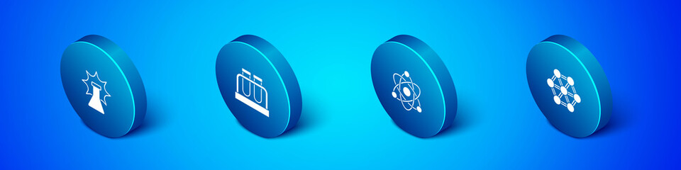 Set Isometric Chemical explosion, Atom, Molecule and Test tube and flask icon. Vector