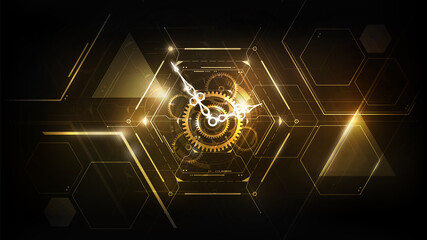Golden Abstract Futuristic Technology Background with Clock concept and Time Machine, Can rotate clock hands, vector illustration - obrazy, fototapety, plakaty