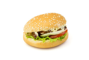Fresh, delicious burgers isolated on white background
