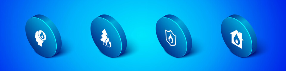 Set Isometric Firefighter, protection shield, in burning house and Burning forest tree icon. Vector