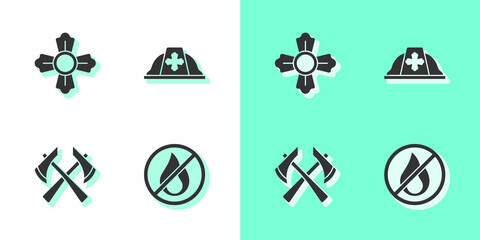 Set No fire, Firefighter, axe and helmet icon. Vector
