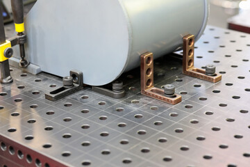 metal welding table with workpiece