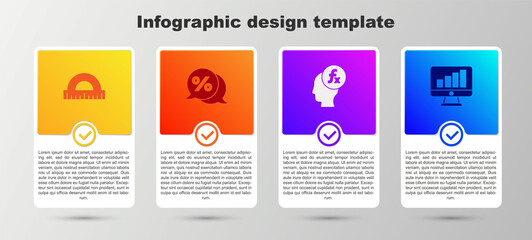 Set Protractor, Discount percent tag, Function mathematical symbol and Computer monitor with graph chart. Business infographic template. Vector