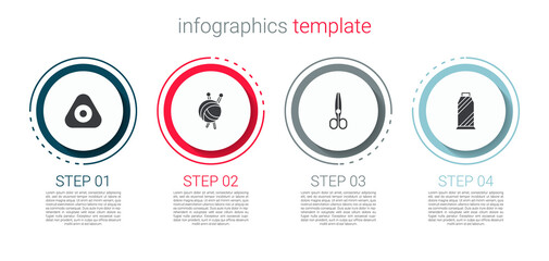 Set Sewing chalk, Yarn ball with knitting needles, Scissors and thread on spool. Business infographic template. Vector