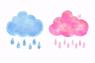 Set of two watercolor clouds - bright pink cloud with rain drops and heart and blue cloud. Vector illustration isolated on white. Graphic design elements for textile, fabric, card, print, nursery
