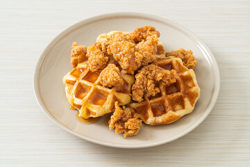 fried chicken waffle with honey or maple syrup