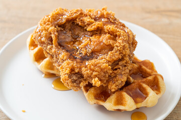 fried chicken waffle with honey or maple syrup