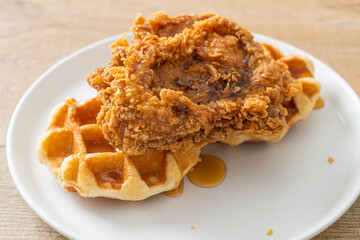 fried chicken waffle with honey or maple syrup