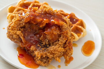 fried chicken with waffle and spicy sauce