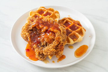 fried chicken with waffle and spicy sauce