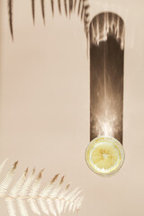 Fototapeta na wymiar glass of water with lemon slices on beige background with sunlight and deep shadow of leaves, summer lemonade, Ice drink, copy space