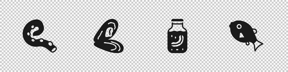 Set Octopus of tentacle, Mussel, Sea cucumber in jar and Tropical fish icon. Vector