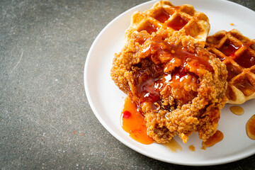 fried chicken with waffle and spicy sauce