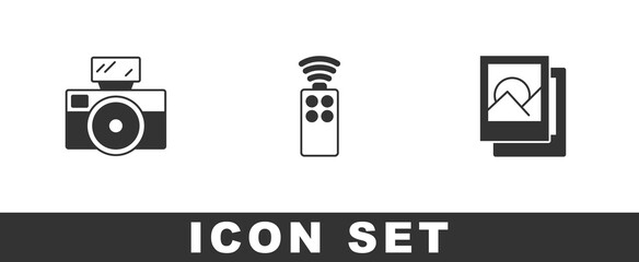 Set Photo camera with flash, Remote control for and frame icon. Vector