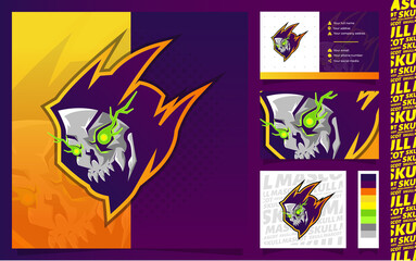 Skull Head Mascot, emblem logo template with a business card, sticker, and pattern elements isolated on gradient background