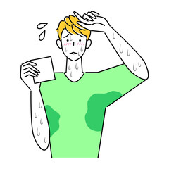 とても汗をかきやすい体質で困っている可愛い男性 大量の止まらない汗 イラスト シンプル ベクター
