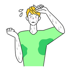 とても汗をかきやすい体質で困っている可愛い男性 大量の止まらない汗 イラスト シンプル ベクター