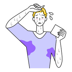 とても汗をかきやすい体質で困っている可愛い男性 大量の止まらない汗 イラスト シンプル ベクター
