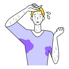 とても汗をかきやすい体質で困っている可愛い男性 大量の止まらない汗 イラスト シンプル ベクター